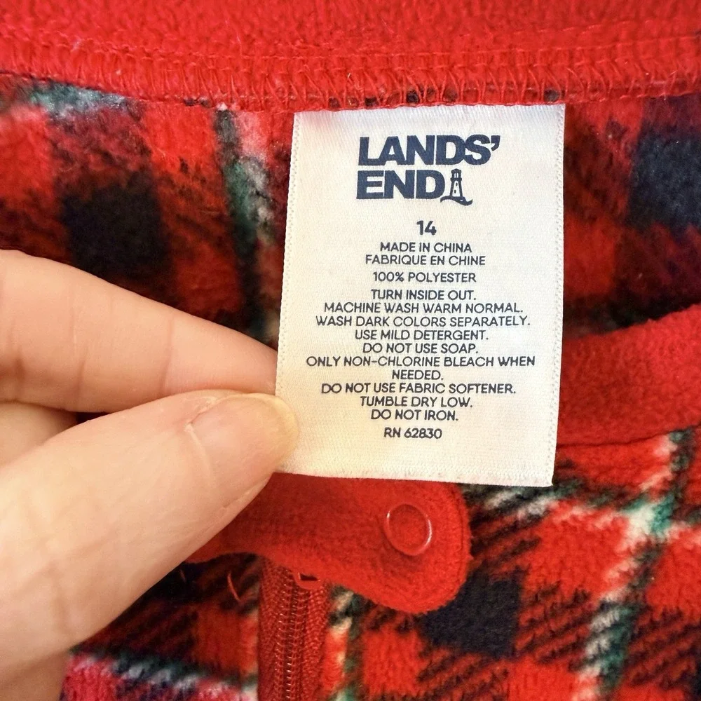 Lands‎ End Footie Pajamas Zip Up Red Plaid Fleece Size 14